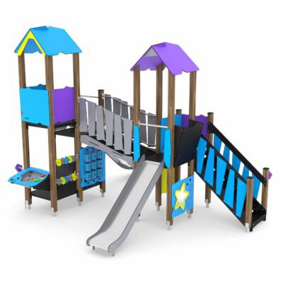 Spieltürme mit 2 Rutschen, Treppe, Brücke und Motorik-Elementen WOODEN WD1504
