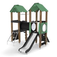 Spielturm mit Rutsche, Feuerwehrstange, Kletternetz, Kletterwand und Kriechrohr - WOODEN WD1407 – Bild 5