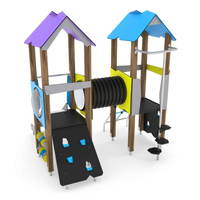 Spielturm mit Rutsche, Feuerwehrstange, Kletternetz, Kletterwand und Kriechrohr - WOODEN WD1407 – Bild 2