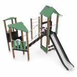 Spieltürme mit Rutsche, Kletterelementen, Kriechrohr und Brücke WOODEN WD1409 - aa33 wd1409c11s