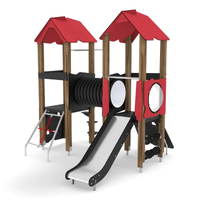 Spielturm mit Rutsche, Feuerwehrstange, Kletternetz, Kletterwand und Kriechrohr - WOODEN WD1407 – Bild 6
