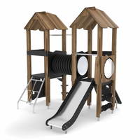 Spielturm mit Rutsche, Feuerwehrstange, Kletternetz, Kletterwand und Kriechrohr - WOODEN WD1407 – Bild 8