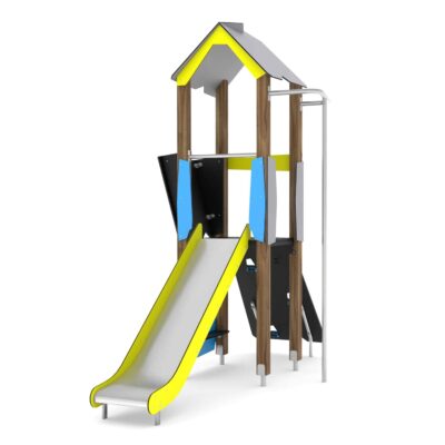 Spielturm mit Rutsche, Kletterwand und Stange WOODEN WD1404