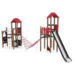 2 Spieltürme mit Kletternetz, Rutsche und Kriechrohr WOODEN WD1454 - e626 wd1454c21s