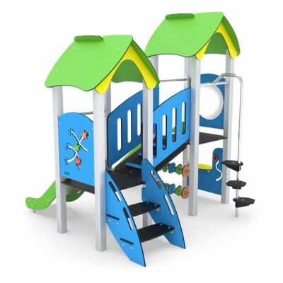 U3-Spielanlage mit 2 Türmen, Rutschen, Brücke und Kletterstange - MINISWEET 0110