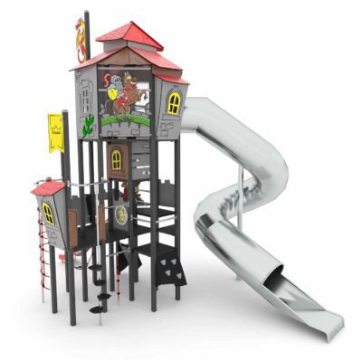 Großer Ritter-Spielturm mit Rutsche, Röhrenrutsche und Kletterelementen CASTILLO 3030-1