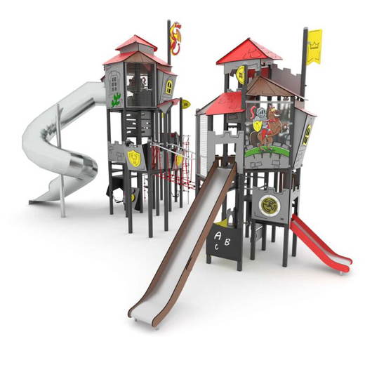 245b-3031-11s Große Ritter-Spielturmanlage mit 2 Rutschen, Röhrenrutsche, Brücke und Kletterelementen CASTILLO 3031-1 - 245b 3031 11s