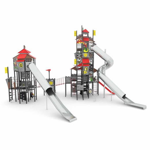 5721-3041-12s Riesige Ritter-Spielturmanlage mit 3 Rutschen, 2 Röhrenrutschen, Brücke und Kletterelementen CASTILLO 3041-1 - 5721 3041 12s