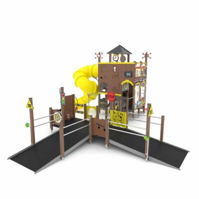 U3-Spielturm-Anlage Bahnhof mit Rampenanlage, breiter Rutsche und Röhrenrutsche TOPICCO WD1542