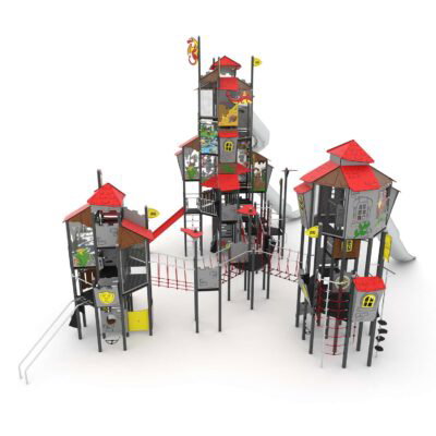 Ritter-Spielturmanlage mit 3 Türmen, 3 Rutschen, 2 Röhrenrutschen, Brücken und Kletterelementen CASTILLO 3045-1