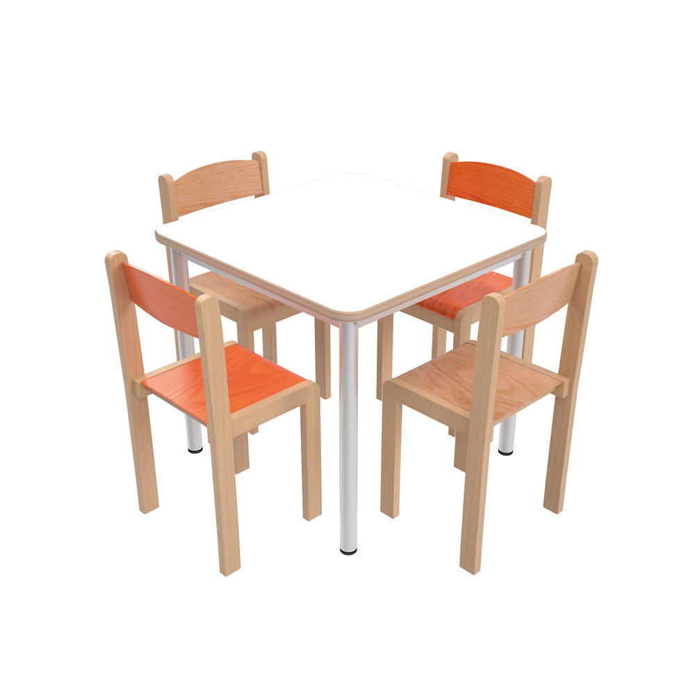 Tisch MILA HPL-weiß 70x70 mit Stühlen Philip, orange-buche, SH 38 cm