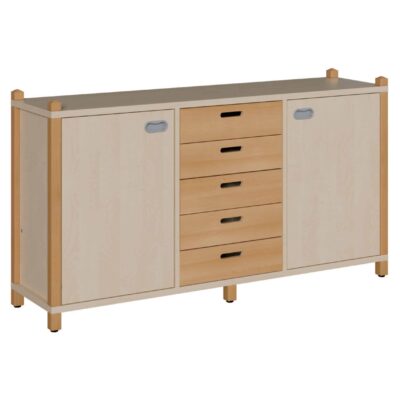 Stollen-Raumteiler mit 2 Türen und 5 Massivholzschüben