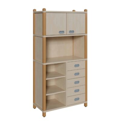 Stollenschrank mit 5 Dekorschüben, Regal und Oberschrank mit 2 Türen