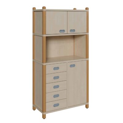 Stollenschrank mit 5 Dekorschüben, Tür und Oberschrank