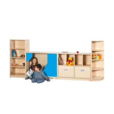 PEGGY Regalsystem mit Versteckschrank, Materialschrank und Viertelkreisecke