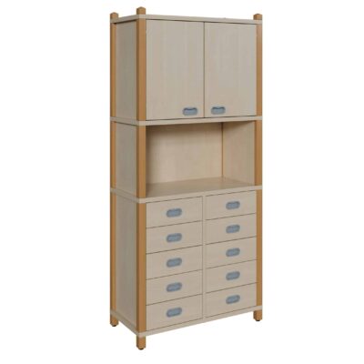 Stollenschrank mit 10 Dekorschüben und Oberschrank mit Doppeltür