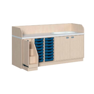 Wickelkommode 213 cm mit Badewanne, ausziehbarer Treppe und 16 flachen ErgoTray Boxen