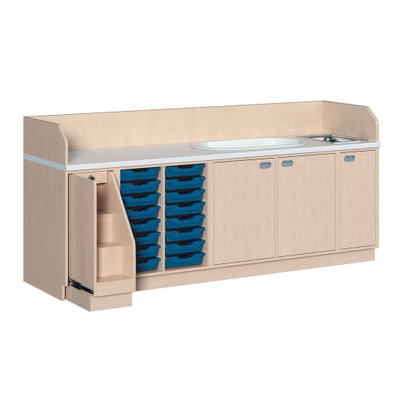 Wickelkommode 249 cm mit Waschbecken, Badewanne, ausziehbarer Treppe und 16 flachen ErgoTray Boxen