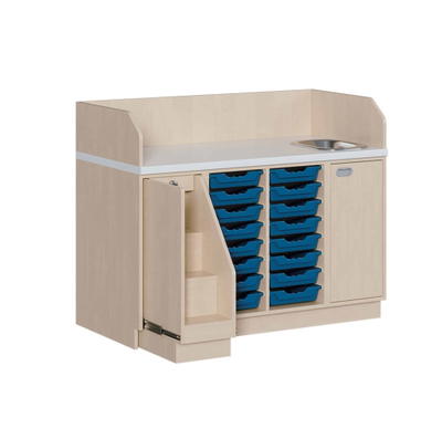 Wickelkommode 143 cm mit Waschbecken, ausziehbarer Treppe und 16 ErgoTrayboxen