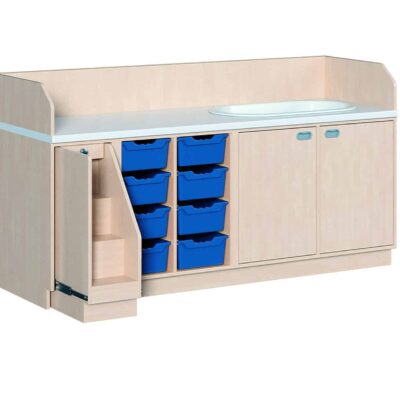Wickelkommode 213 cm mit Badewanne, ausziehbarer Treppe und 8 hohen Ergotray Boxen