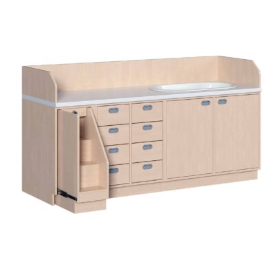 Wickelkommode 213 cm mit Badewanne, ausziehbarer Treppe und 8 Dekorschüben