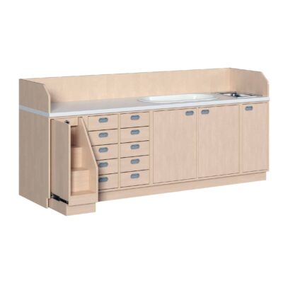 Wickelkommode 249 cm mit Waschbecken, Badewanne, ausziehbarer Treppe und 10 Dekorschüben