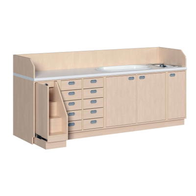 Wickelkommode 249 cm mit Waschbecken, Badewanne, ausziehbarer Treppe und 10 Dekorschüben