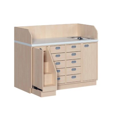 Wickelkommode 143 cm mit Waschbecken, ausziehbarer Treppe und 10 Dekorschüben