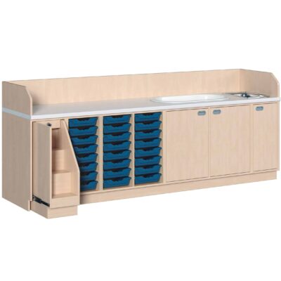 Wickelkommode 285 cm mit Waschbecken, Badewanne, ausziehbarer Treppe und 24 flachen ErgoTray Boxen