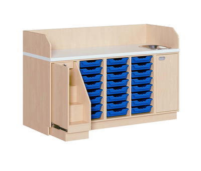 Wickelkommode 179 cm mit Waschbecken, ausziehbarer Treppe und 24 flachen ErgoTray Boxen
