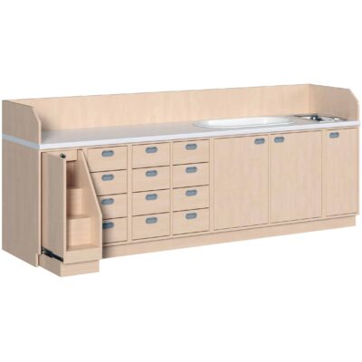 Wickelkommode 285 cm mit Waschbecken, Badewanne, ausziehbarer Treppe und 12 Dekorschüben