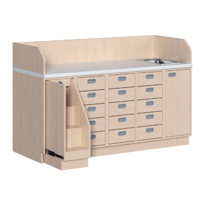 Wickelkommode 179 cm mit Waschbecken, ausziehbarer Treppe und 15 Dekorschüben