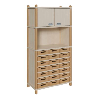 Stollenschrank mit flachen Massivholzkästen und Oberschrank zweitürig