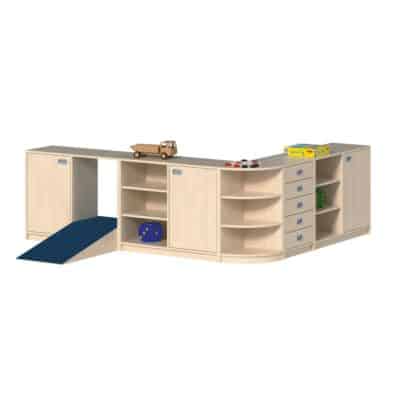 Fertig-Regalsystem "Bruno" mit Durchkrabbelschrank, Türen und Dekorschüben