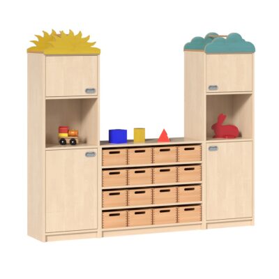 "ARIANA" Regalsystem mit 16 Materialkästen, 4 Türen und Dachaufsätzen