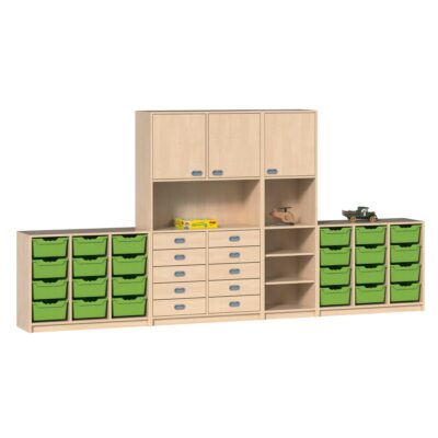 "VIOLA" Regalsystem mit 12 ErgoTray-Boxen, Hochschrank mit Dekorschüben