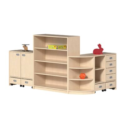 "PIA" Regalsystem mit Viertelkreisecke, Dekorrollkästen und Dekorschüben