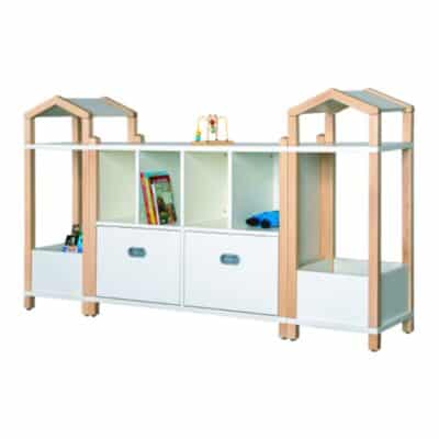 "PATRICIA" Stollenregalsystem mit Spieleschrank, 2 Türmen mit Kasten und Dach