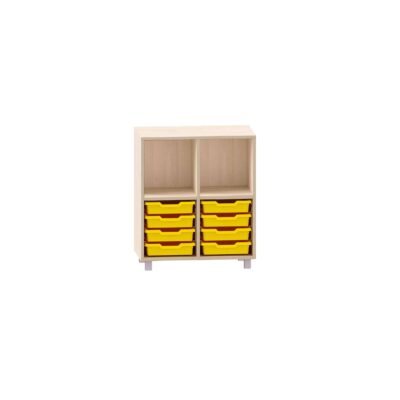 Würfelregal mit 8 kleinen ABS-Boxen unten und einem Boden, obere Fächer frei