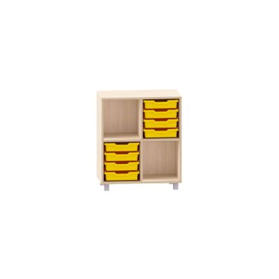 Würfelregal mit 8 kleinen ABS-Boxen diagonal und einem Boden, andere Fächer frei