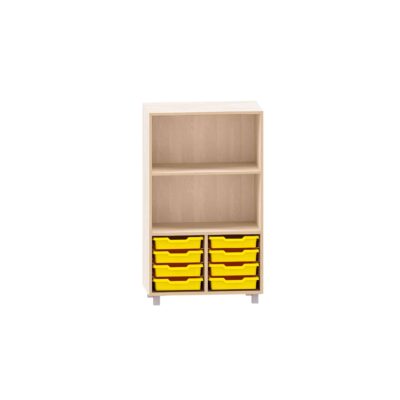 Würfelregal mit 8 kleinen ABS-Boxen unten und 2 Böden, obere Fächer frei