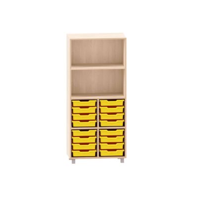 Würfelregal mit 16 kleine ABS-Boxen unten und 3 Böden, obere Fächer frei