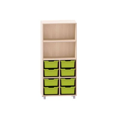 Würfelregal mit 8 großen ABS-Boxen unten und 3 Böden, obere Fächer frei