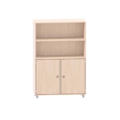 Schrank mit 3 Böden, oben beide offen und unten Fächer mit Türen