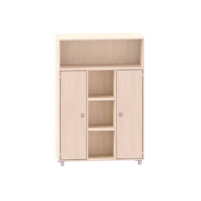 Schrank mit 3 Böden, oben beide offen und unten Fächer mit Türen