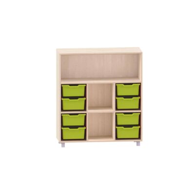 Sideboard mit 2 Böden, oberes Fach frei, unten links und rechts jeweils 4 ABS-Boxen, mittige Fächer frei