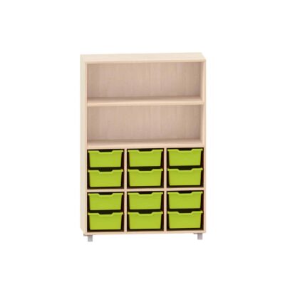 Sideboard mit 3 Böden, obere Fächer frei, unten 12 ABS-Boxen