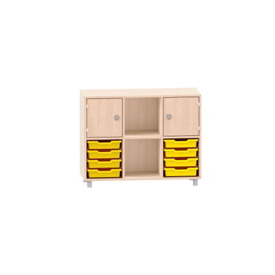Sideboard mit einem Boden, links und rechts oben Türen, unten je kleine 4 ABS-Boxen und mittig freie Fächer