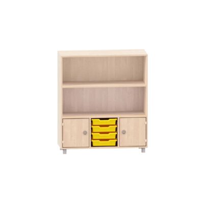 Sideboard mit 2 Böden, obere Fächer frei, unten rechts und links Türen und mittig 4 kleine ABS-Boxen