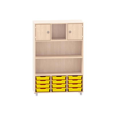 Sideboard mit 3 Böden, oben links und rechts Türen, mitte frei, unten 12 ABS-Boxen